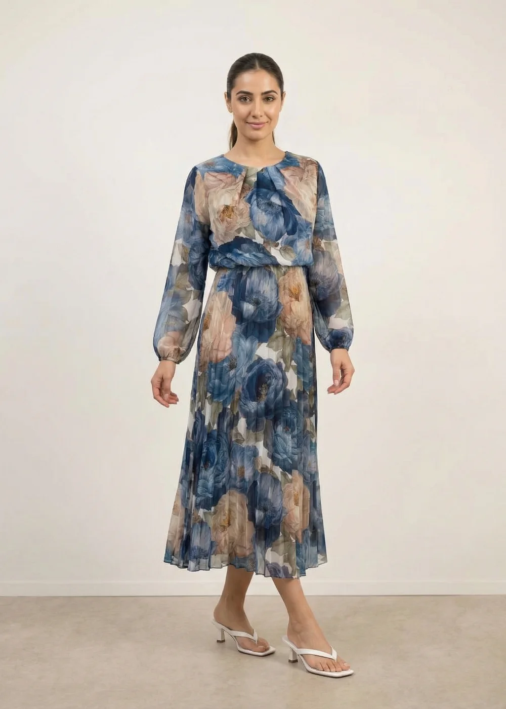 Blue Vanilla Blue Pleated Floral Dress - S Image 1