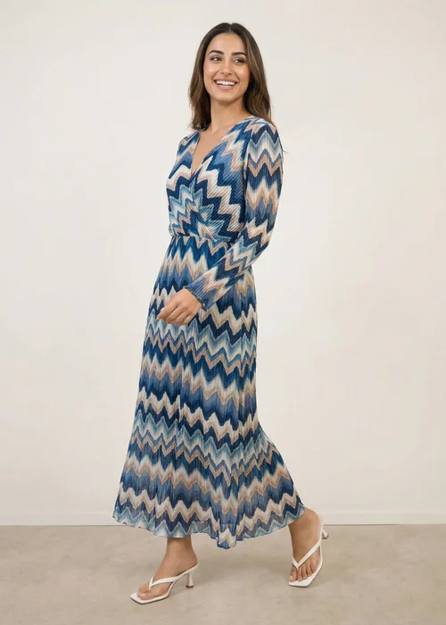 Blue Vanilla Blue Pleated Zig Zag Print Dress - M/L Image 1