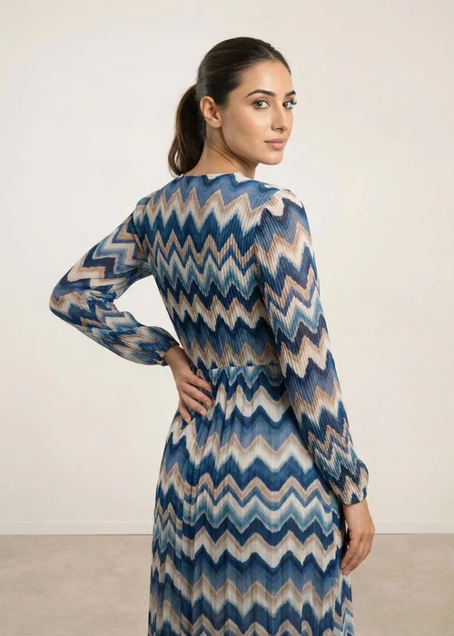 Blue Vanilla Blue Pleated Zig Zag Print Dress - M/L Image 3