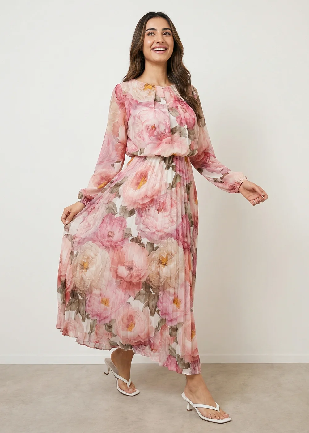 Blue Vanilla Pink Pleated Floral Dress - S Image 1