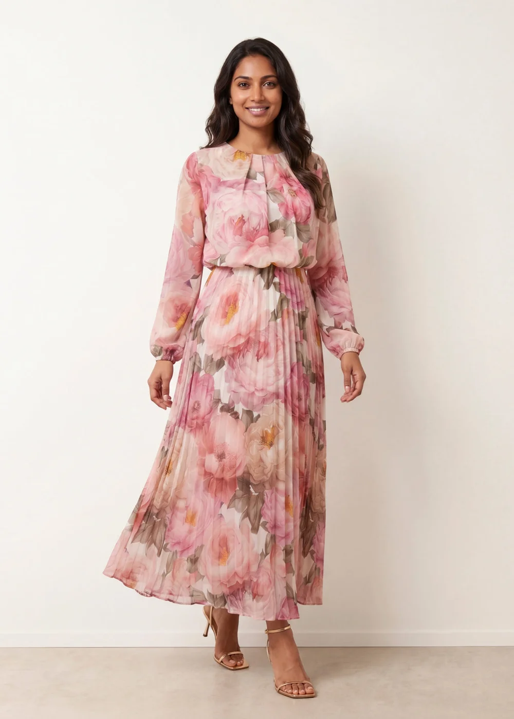 Blue Vanilla Pink Pleated Floral Dress - M Image 1