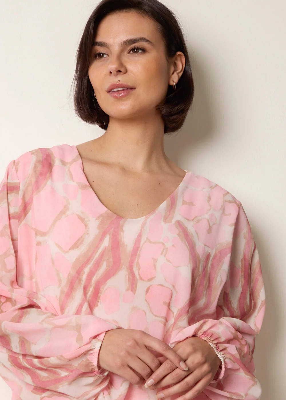 Blue Vanilla Pink Abstract Print V Neck Puffball Top - S/M Image 2