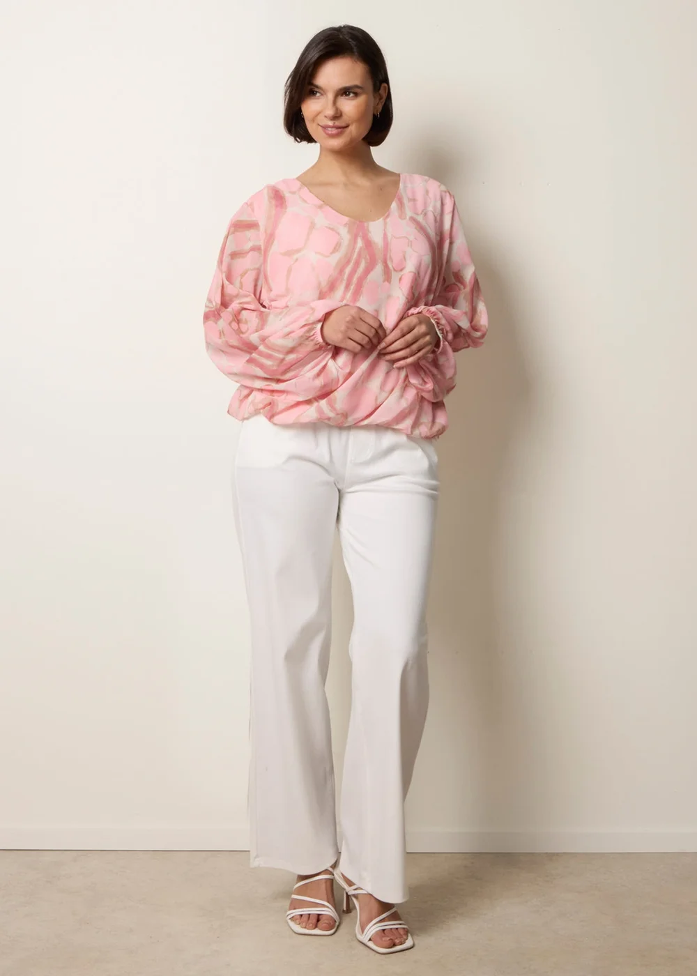 Blue Vanilla Pink Abstract Print V Neck Puffball Top - S/M Image 1