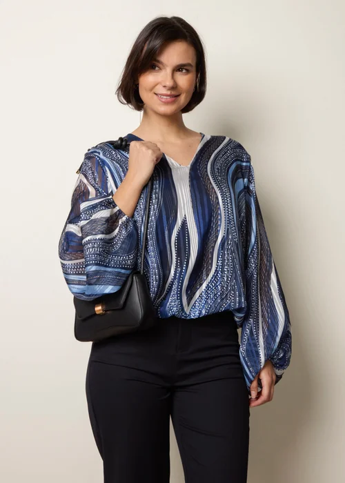 Blue Vanilla Navy Swirl And Dot Print V Neck Lurex Blouse - M/L Image 1