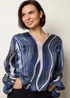 Blue Vanilla Navy Swirl And Dot Print V Neck Lurex Blouse - M/L Image 2