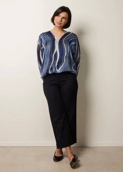 Blue Vanilla Navy Swirl And Dot Print V Neck Lurex Blouse - M/L Image 3