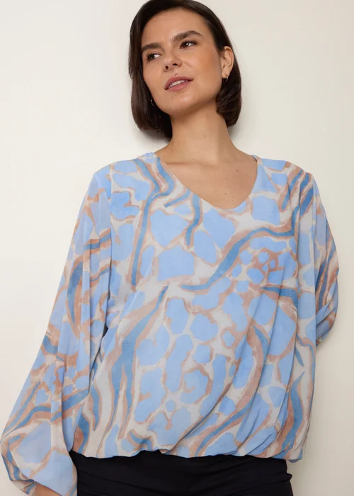 Blue Vanilla Blue Abstract Print V Neck Puffball Top - S/M Image 1
