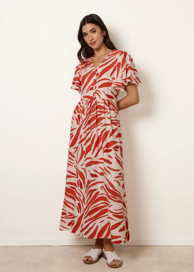 Blue Vanilla Orange Dress With Brushstroke Leaf Print