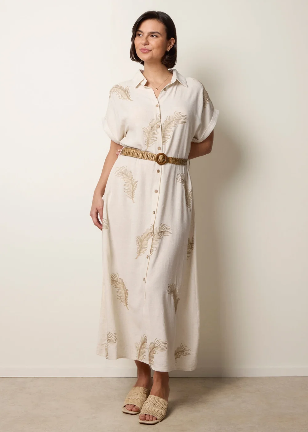 Blue Vanilla Cream Linen Belted Dress With Feather Embroidery - S Image 1
