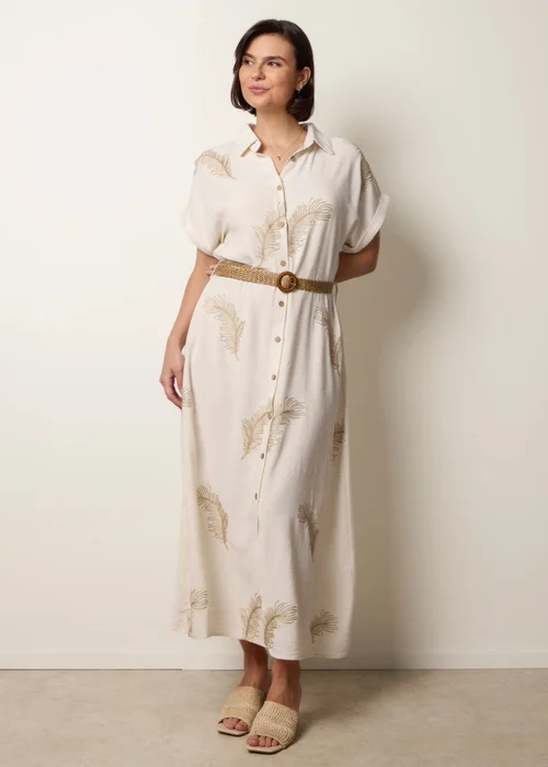 Blue Vanilla Cream Linen Belted Dress With Feather Embroidery - S Image 1