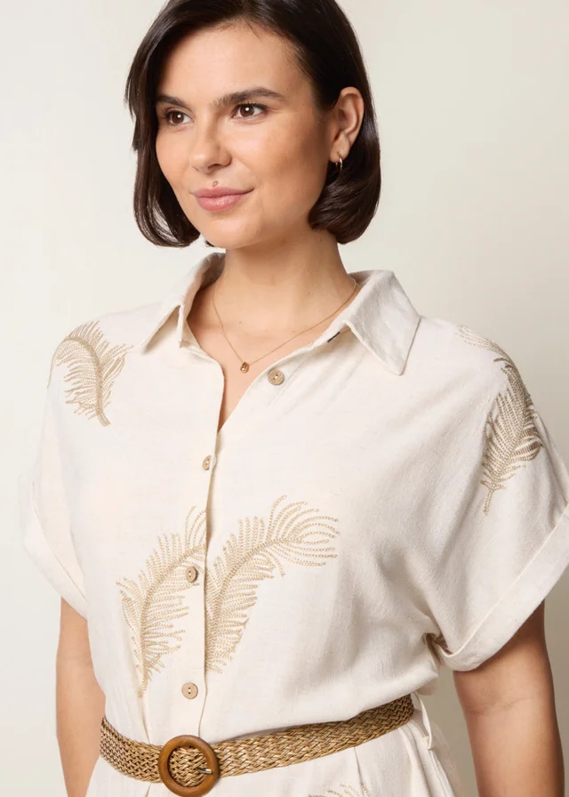 Blue Vanilla Cream Linen Belted Dress With Feather Embroidery