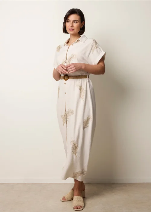 Blue Vanilla Cream Linen Belted Dress With Feather Embroidery - S Image 3