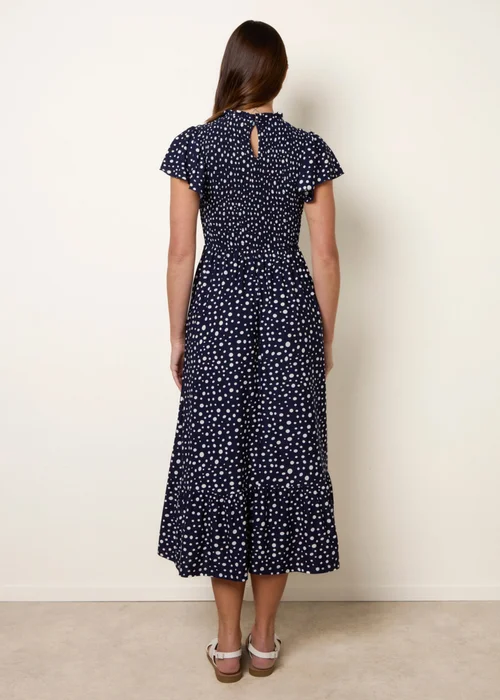 Blue Vanilla Navy Polka Dot Shirred Frill Neck Midi Dress - XL Image 4