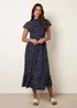 Blue Vanilla Navy Polka Dot Shirred Frill Neck Midi Dress - XL Image 1
