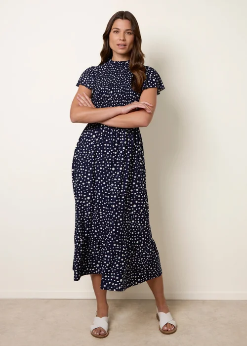 Blue Vanilla Navy Polka Dot Shirred Frill Neck Midi Dress - XL Image 3