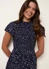 Blue Vanilla Navy Polka Dot Shirred Frill Neck Midi Dress - XL Image 2