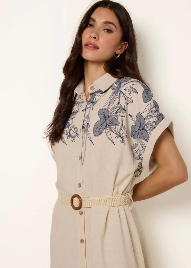Blue Vanilla Cream Printed Linen Belted Dress