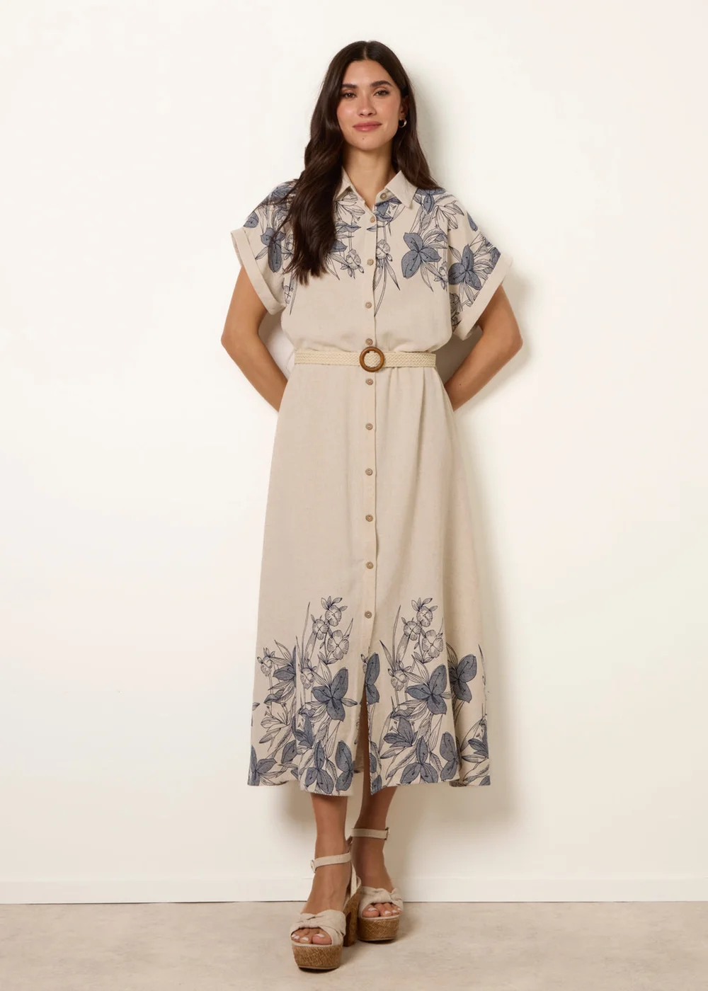 Blue Vanilla Cream Printed Linen Belted Dress - L Image 1
