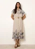 Blue Vanilla Cream Printed Linen Belted Dress - L Image 1