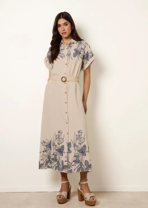 Blue Vanilla Cream Printed Linen Belted Dress - L Image 3