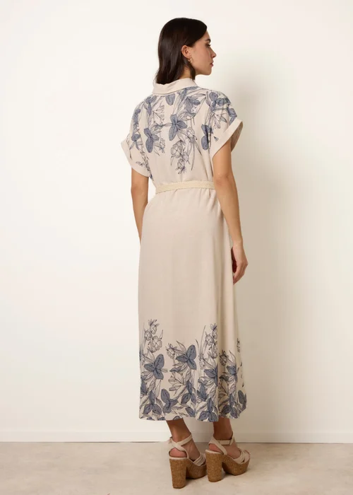 Blue Vanilla Cream Printed Linen Belted Dress - L Image 4