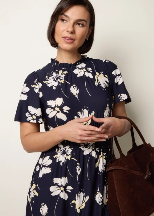 Blue Vanilla Navy Elasticated Frill High Neck Floral Mini Dress - S/M Image 2