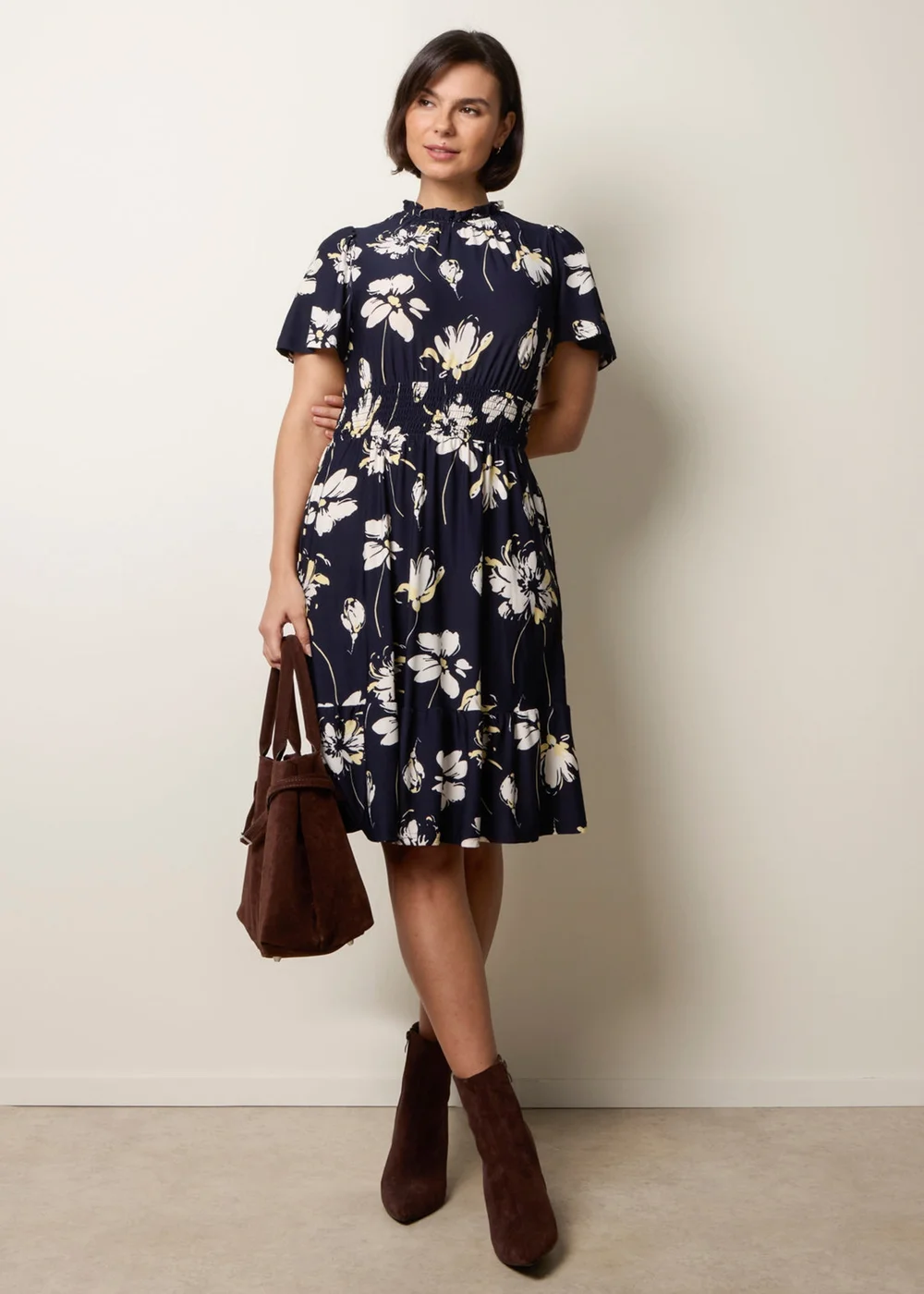 Blue Vanilla Navy Elasticated Frill High Neck Floral Mini Dress - S/M Image 1