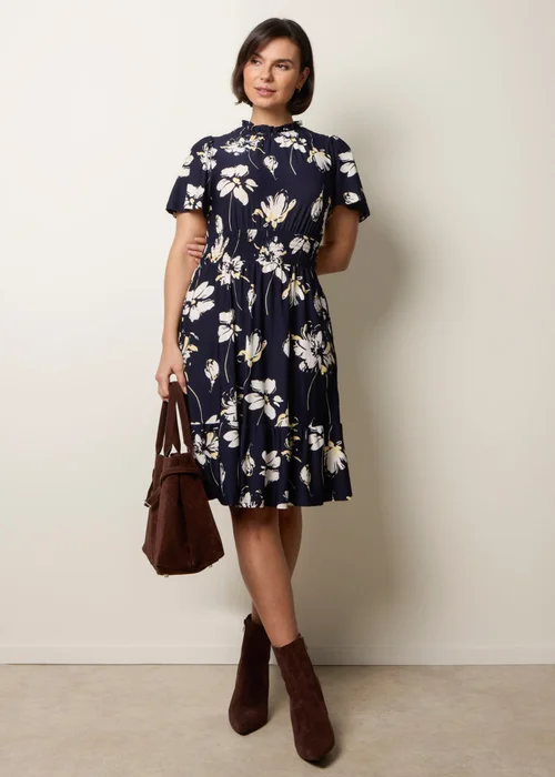 Blue Vanilla Navy Elasticated Frill High Neck Floral Mini Dress - S/M Image 1