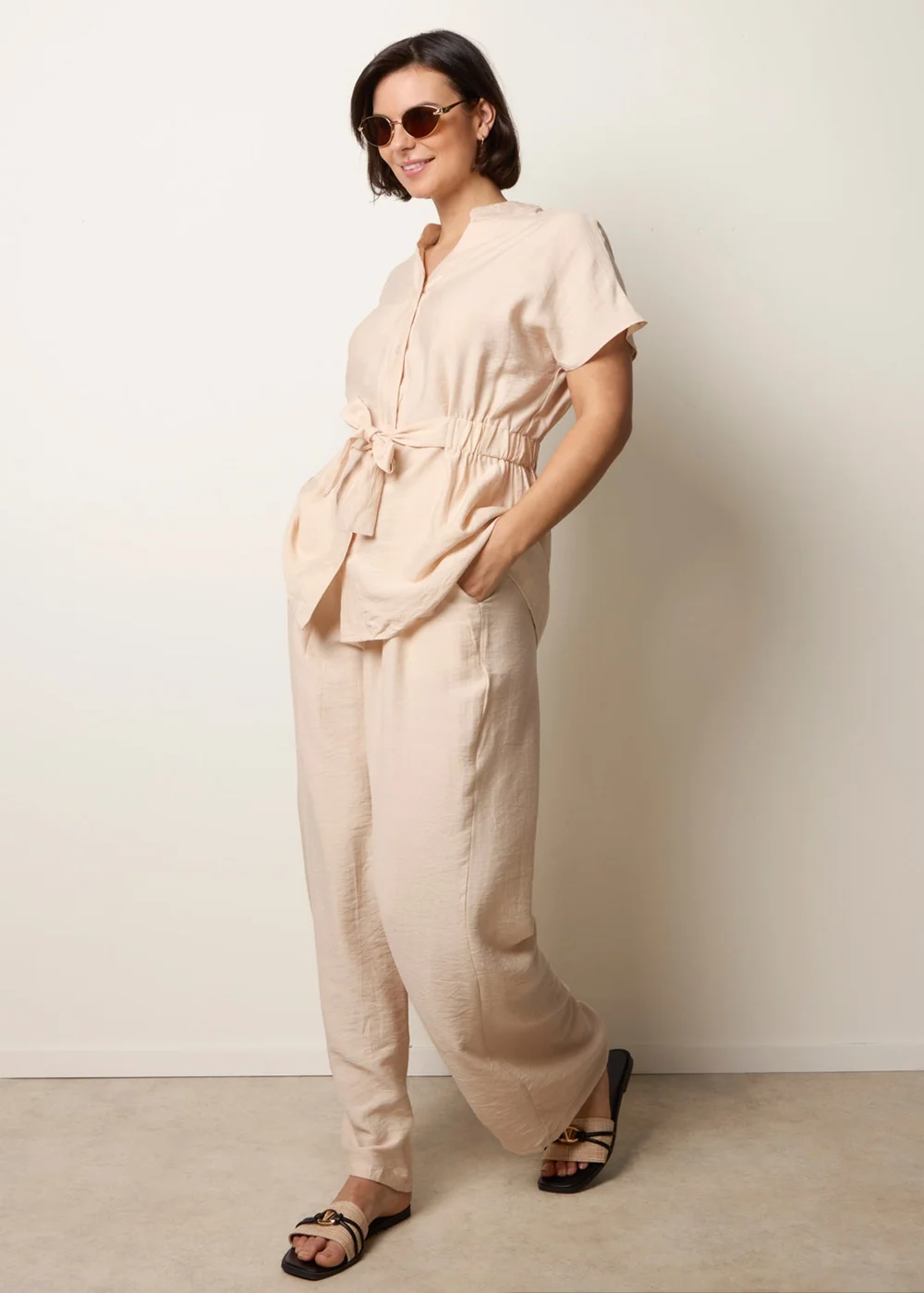 Blue Vanilla Beige Two Piece Belted Co-Ord Set - L Image 1