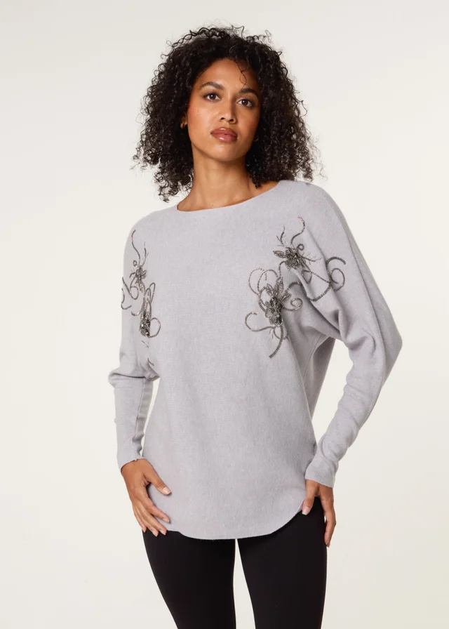 Blue Vanilla Grey Embroidered Long Sleeve Jumper