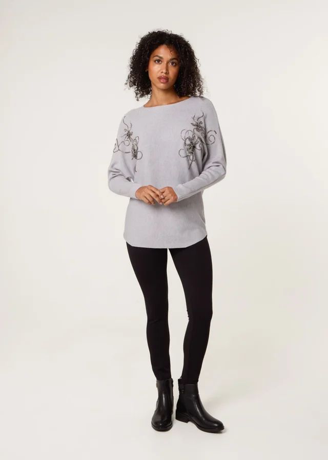 Blue Vanilla Grey Embroidered Long Sleeve Jumper