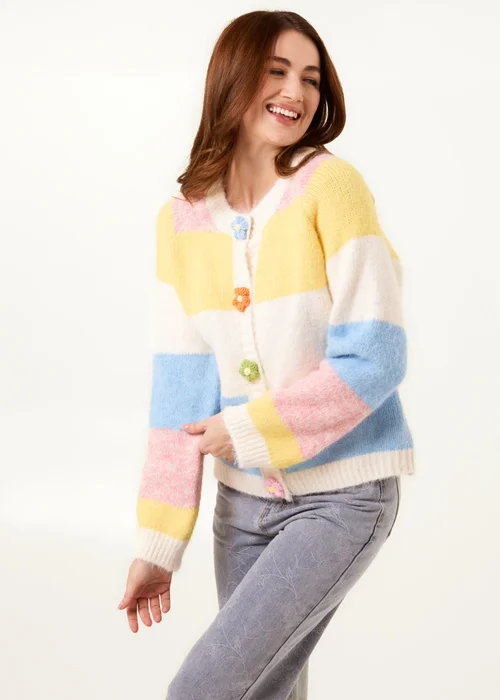 Blue Vanilla Yellow Multi Coloured Striped Cardigan With Flower Buttons - M/L Image 1