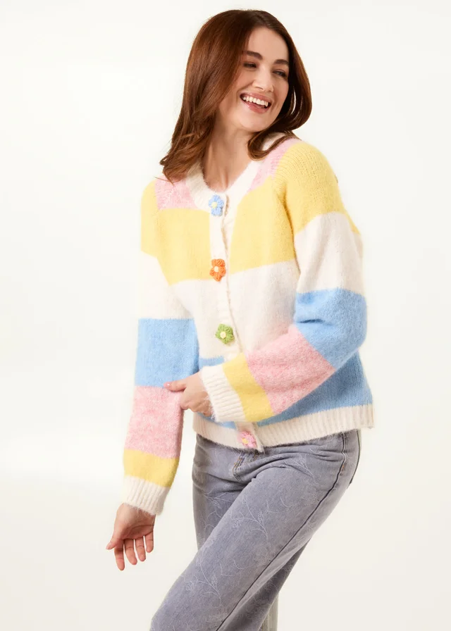 Blue Vanilla Yellow Multi Coloured Striped Cardigan With Flower Buttons
