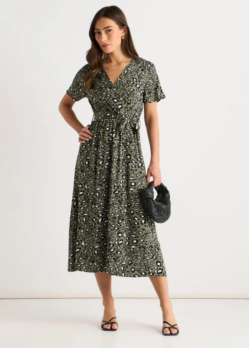 Gini London Khaki Short Sleeve Animal Print Wrap Front Midi Dress - S/M Image 1