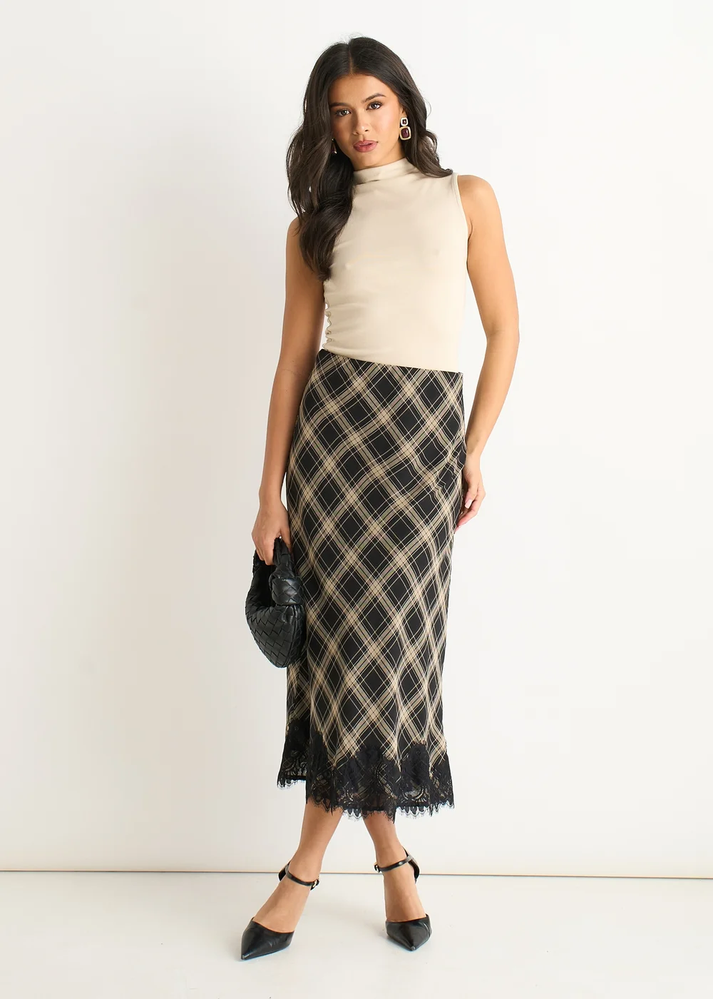 Gini London Navy Mono Check Contrast Lace Bias Skirt - 14 Image 1