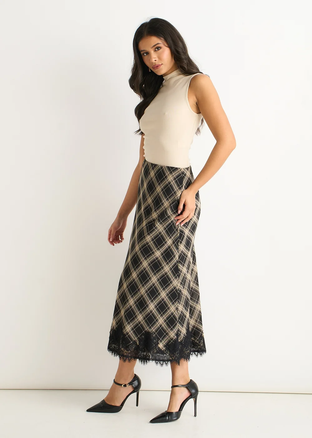 Gini London Navy Mono Check Contrast Lace Bias Skirt - 14 Image 4