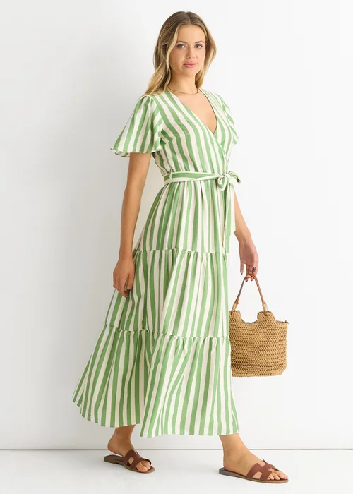 Gini London Sage Green Stripe Wrap Belted Viscose Midi Dress - 10 Image 4