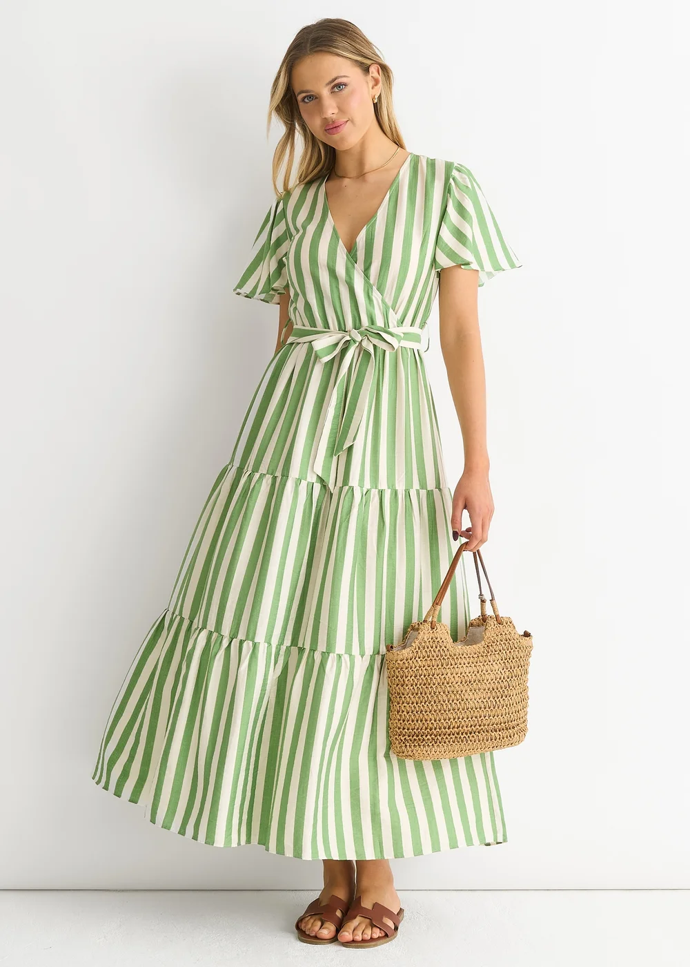 Gini London Sage Green Stripe Wrap Belted Viscose Midi Dress - 10 Image 1