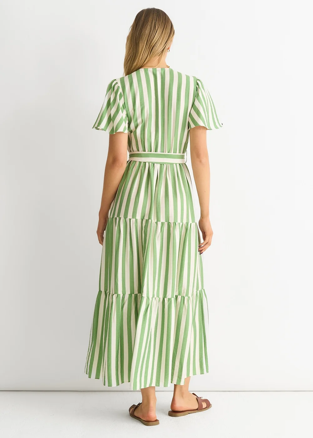 Gini London Sage Green Stripe Wrap Belted Viscose Midi Dress - 10 Image 2