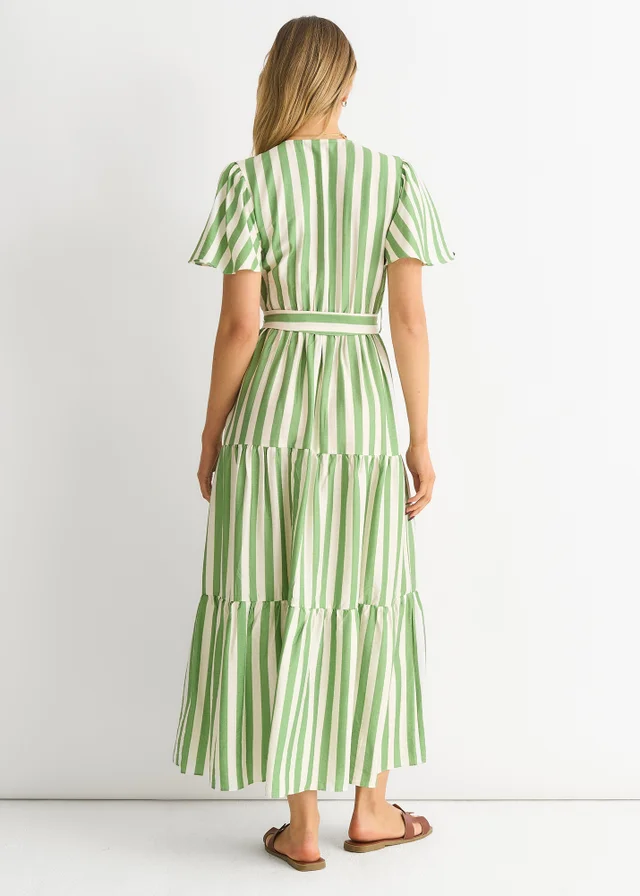Gini London Sage Green Stripe Wrap Belted Viscose Midi Dress
