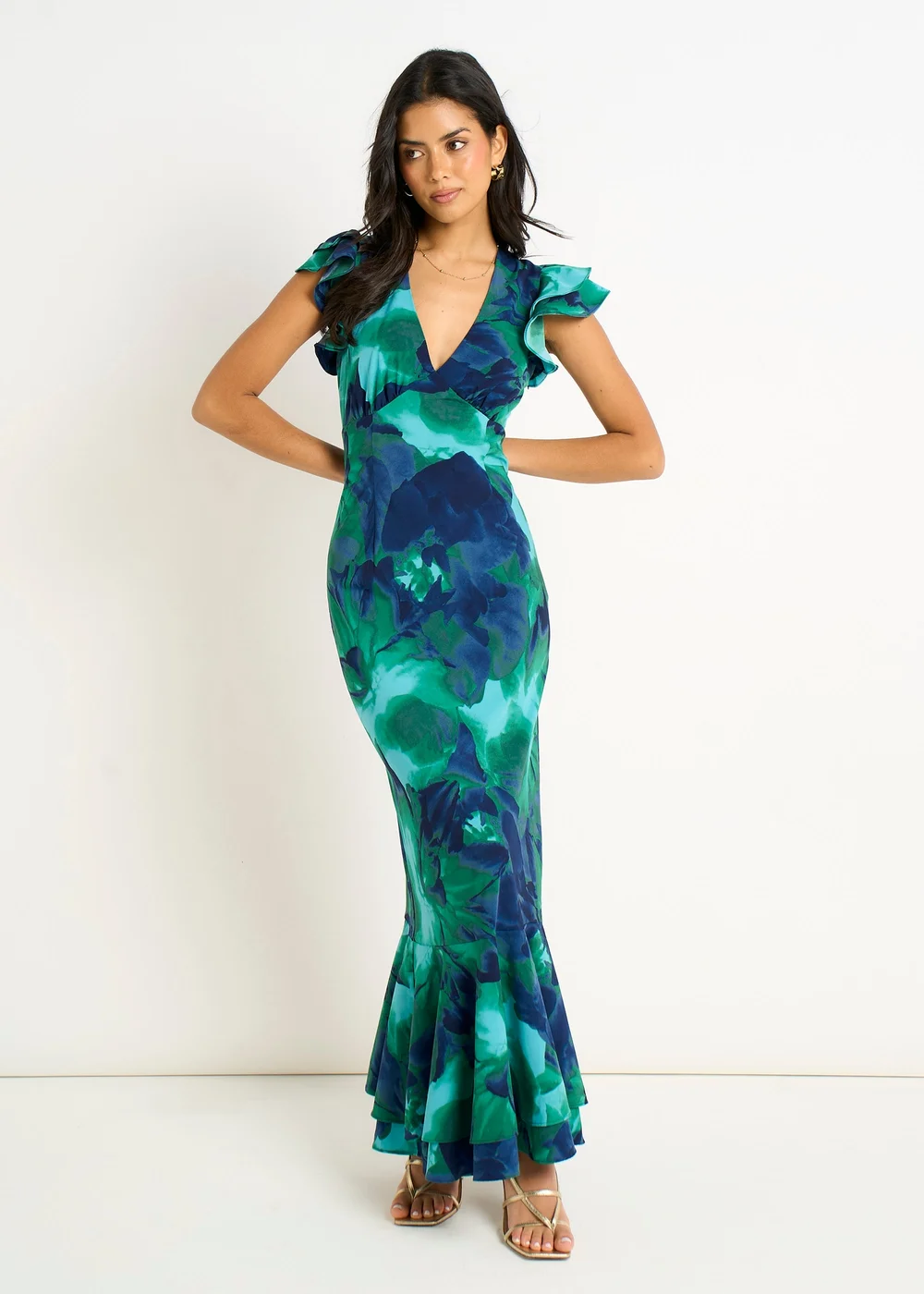 Gini London Green Watercolour Floral Maxi Dress - 14 Image 1