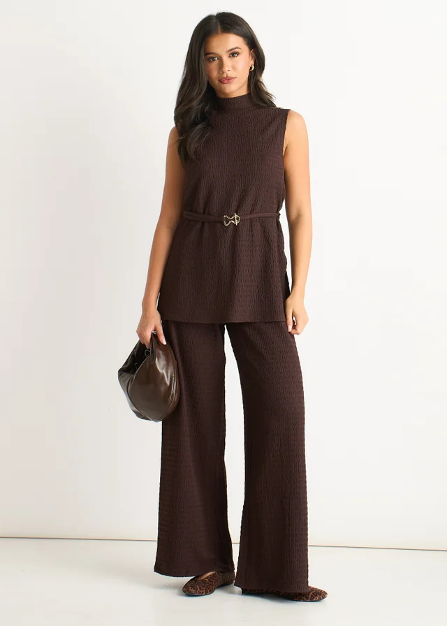 Gini London Chocolate Funnel Neck Textured Jersey Tabard Top