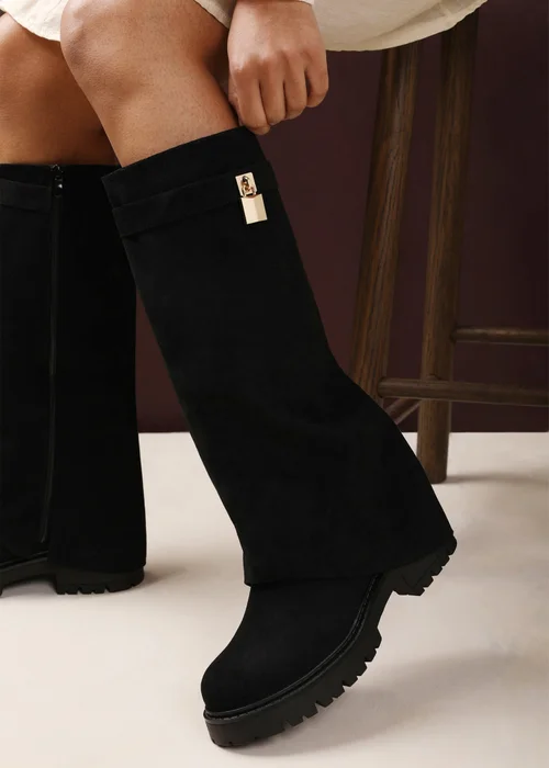 Where's That From Brescia Fold-Over Knee-High Chunky-Sole Black Faux Suede Boots - 4 Image 2