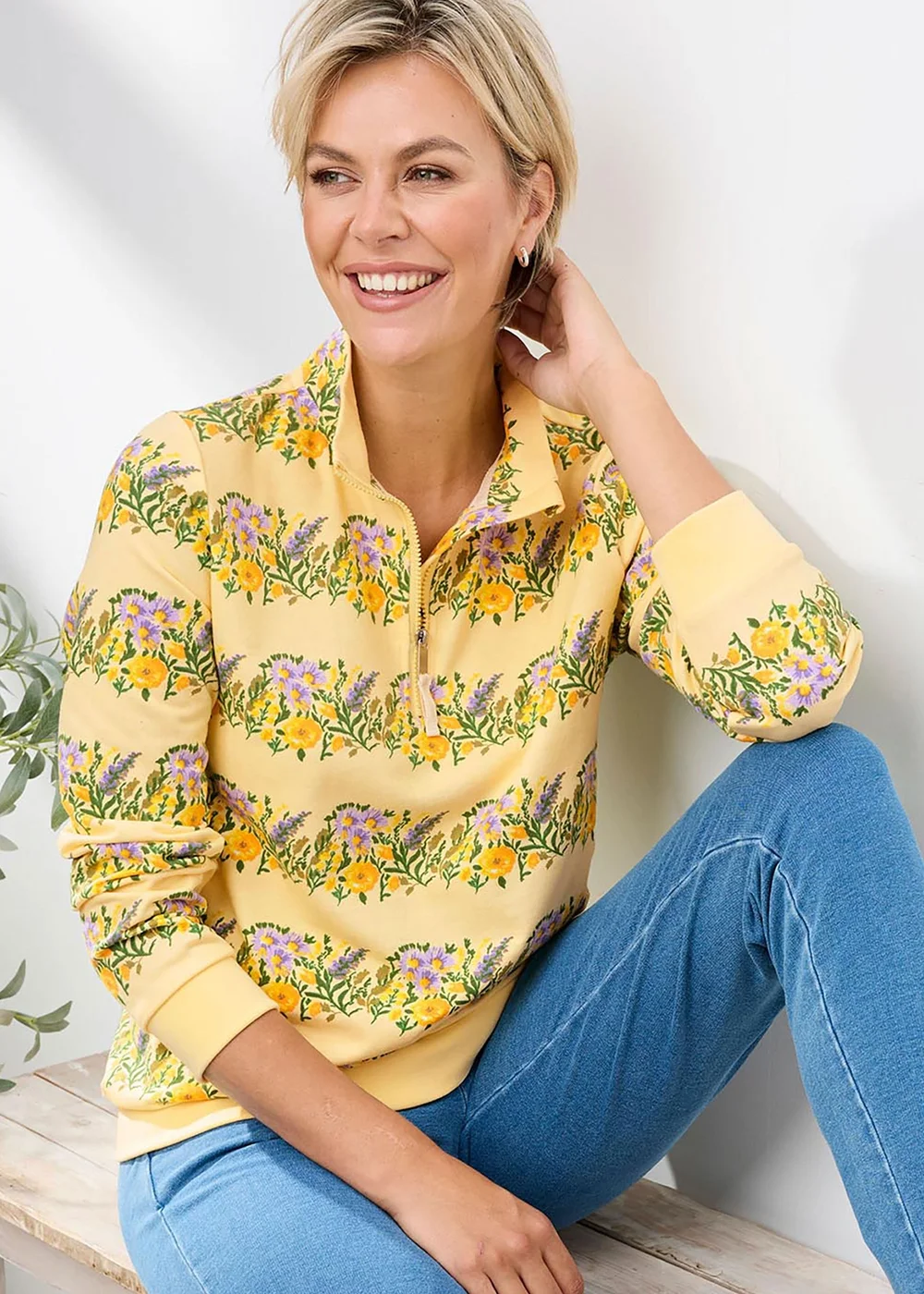 Cotton Traders Lemon Pale Yellow Printed Zip Neck Sweatshirt - 14 Image 1