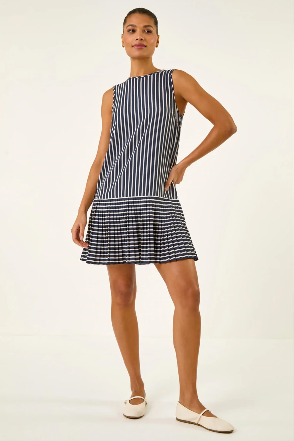 Roman Navy Stripe Print Pleated A-Line Dress - 14 Image 2