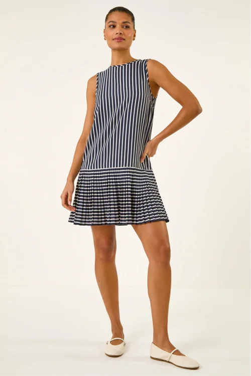 Roman Navy Stripe Print Pleated A-Line Dress - 14 Image 2