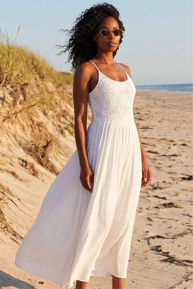 Roman White Lace Bodice Strappy Midi Dress