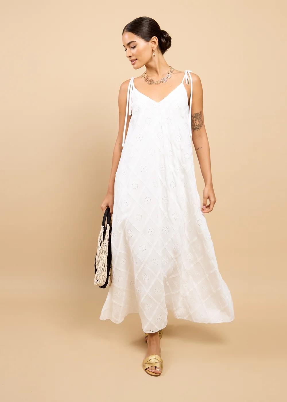 Little Mistress White Embroidered Tie Strap Maxi Dress - 8 Image 1