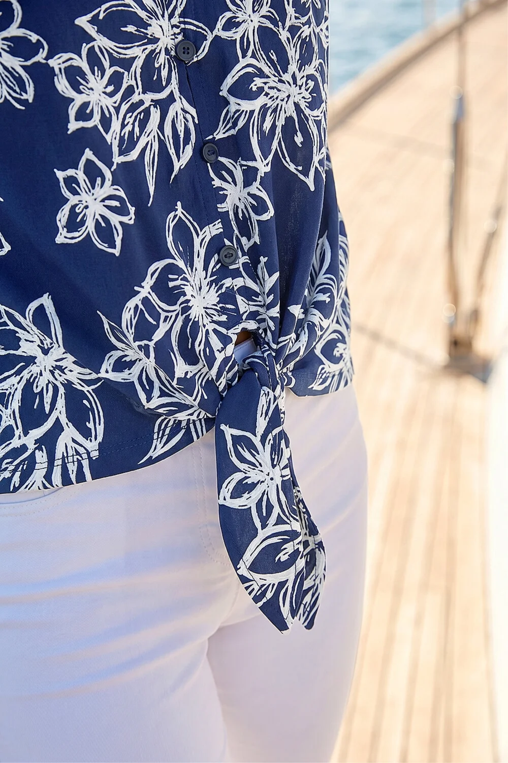 Roman Navy Textured Floral Print Tie Front Top - 14 Image 4