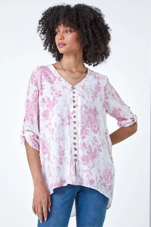 Roman Light Pink Button Detail Floral Top - 18 Image 4